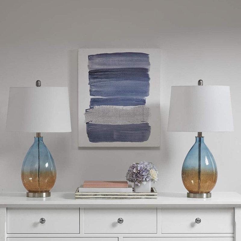 Set Of 2 Modern Table Lamps With Ombre Crackled Glass Base, Tapered Drum Shade, And Rotary On/Off Switch, Perfect For Bedside Or Study Lighting