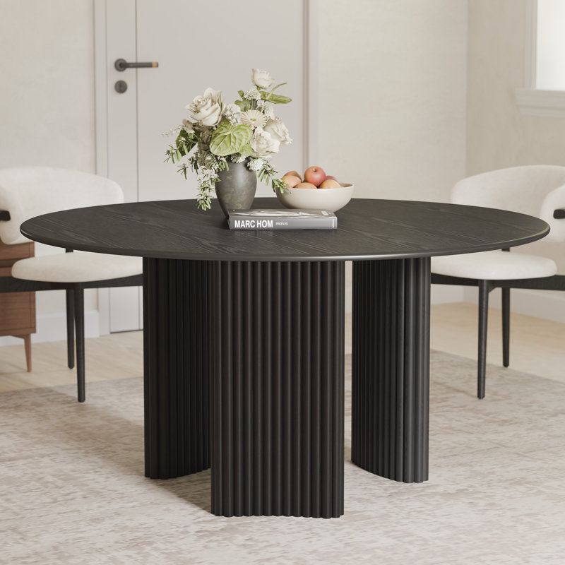 52" Round Black Oak Dining Table with 3 Legs Modern Kitchen Table with Solid Wood Base Seats 6 for Living Room Dining Room