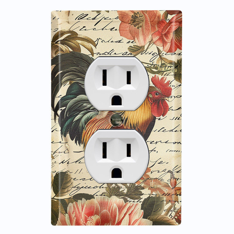 Couvercle de plaque d'interrupteur en métal; Coq floral US 1 taille standard US - 1 coq, Prise double # 8