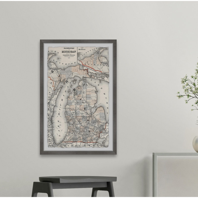 Railroad Map of Michigan - cadre photo, H 36 po x l 24 po x 1,5 po