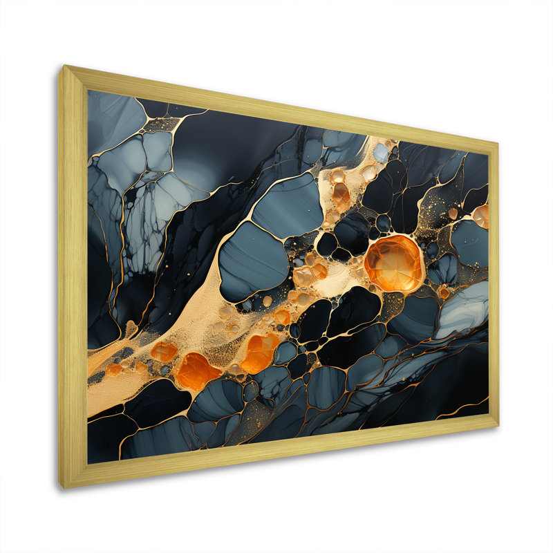 Pierre de protection noire obsidienne sur toile, Cadre doré simple, H 34 po x l 44 po x P 1,5 po