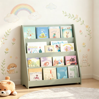 4-Tier Kids Bookshelf, Toddler Book Display Storage Organizer – MDF Bookshelf for Bedroom, Playroom & Classroom, Sage