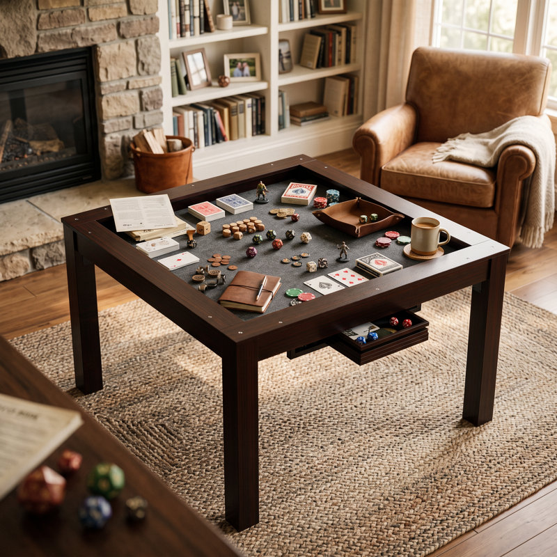 Table de salle à manger et de jeu convertible carrée 47,2 po pour 2 à 6 joueurs avec plateau amovible à 4 panneaux, surface de jeu en feutre noir et support de rangement sous la table