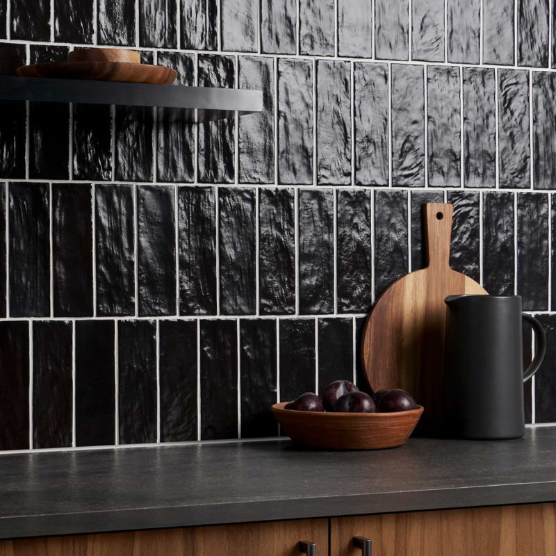 Montauk 2x8 Mixed Finish Ceramic Tile, Jet Black
