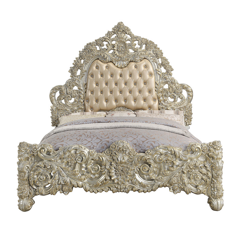 Sorina King Bed with Antique Gold Finish and Tufted Upholstered Headboard