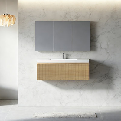 Meuble-lavabo flottant mural moderne 42 po en chêne naturel avec plateau en résine blanc brillant