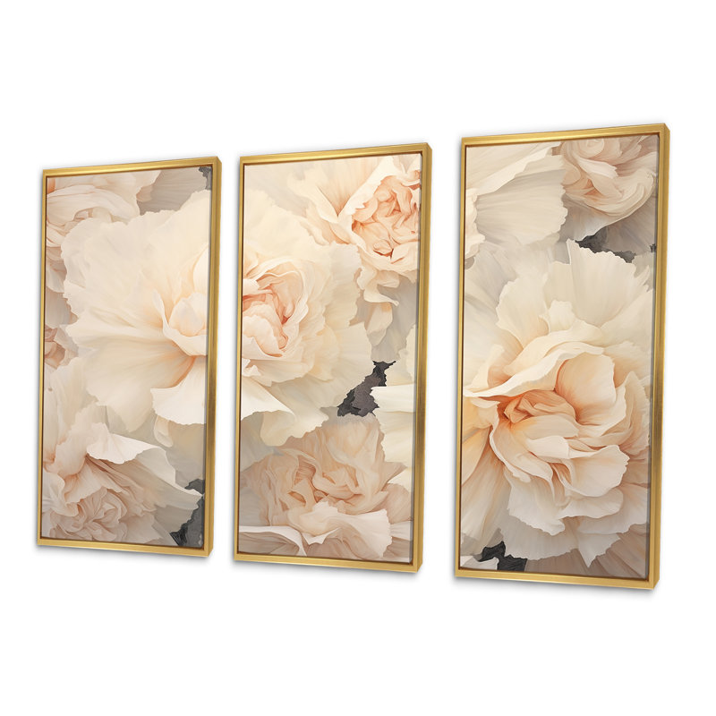 «Beige Carnations Arrangement V», ensemble d'art mural, Cadre flottant doré, H 28 po x l 36 po x P 1 po
