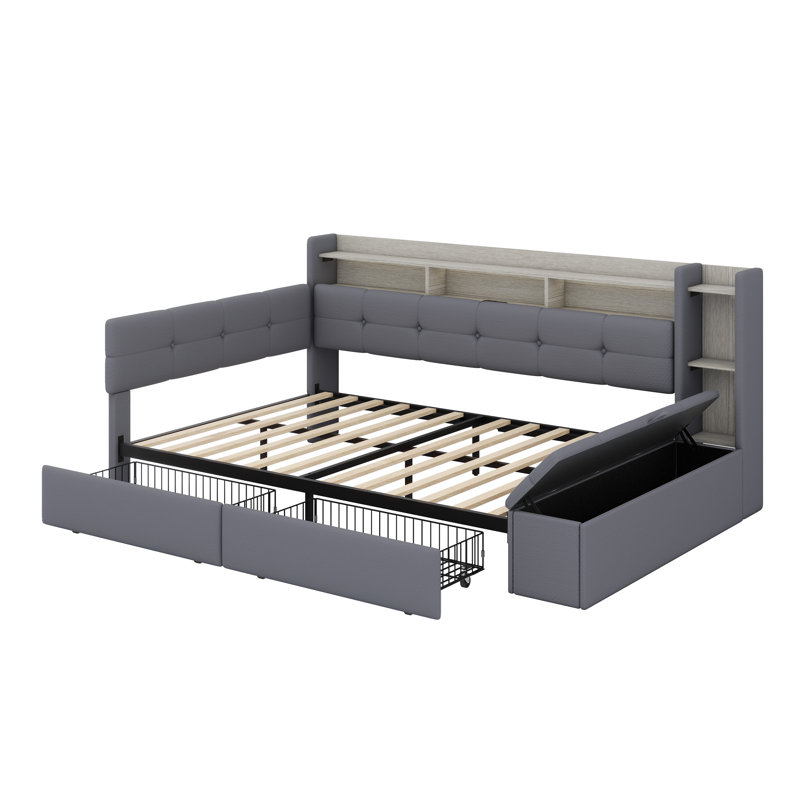 Upholstered Daybed with Storage Footstool, Shelves, Drawers, USB Charging & LED Light, Grey