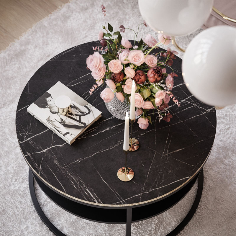 Dorinne Frame Coffee Table with Storage, Grigia Pietra Black, Black