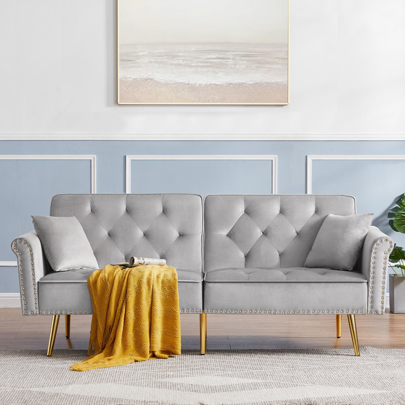 Canapé capitonné en velours GREY avec 2 coussins et garniture cloutée GREY