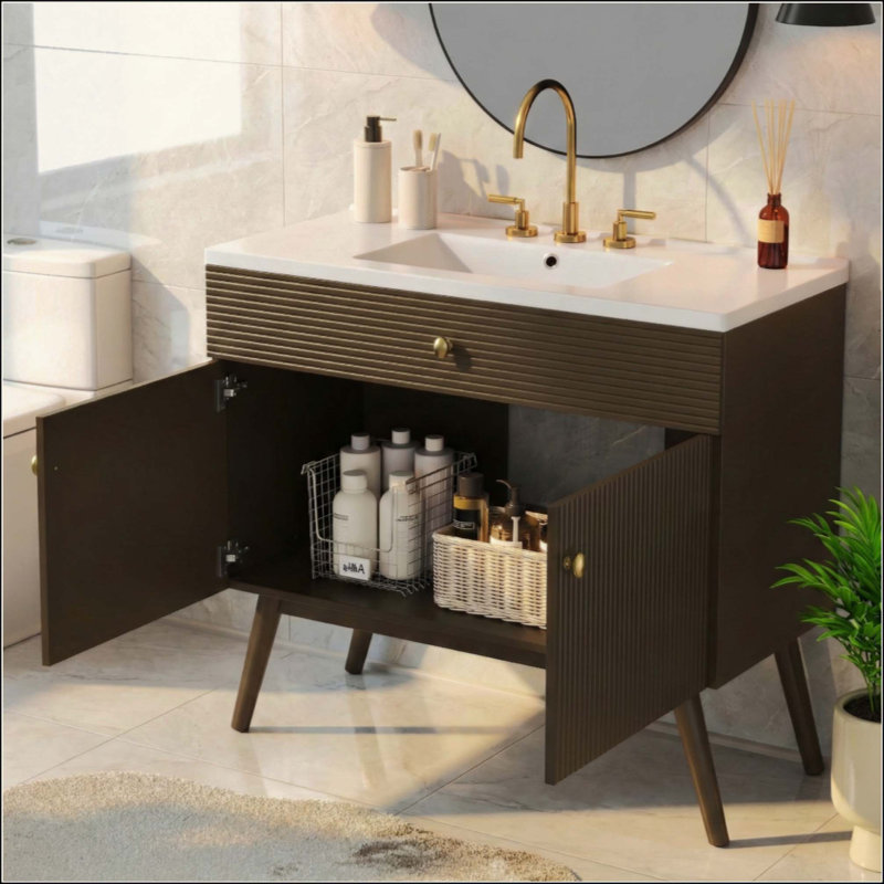 Meuble-lavabo rayé de luxe, double rangement à fermeture en douceur et lavabo en céramique de qualité supérieure