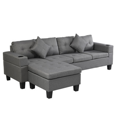 Living Room Decoration Faux Linen Grey Sectional - 4 Seat With Chaise And Cup Holder Feature Modern In &