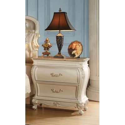 Table de chevet à finition blanc perle avec plateau en granite pour chambre à coucher et salon