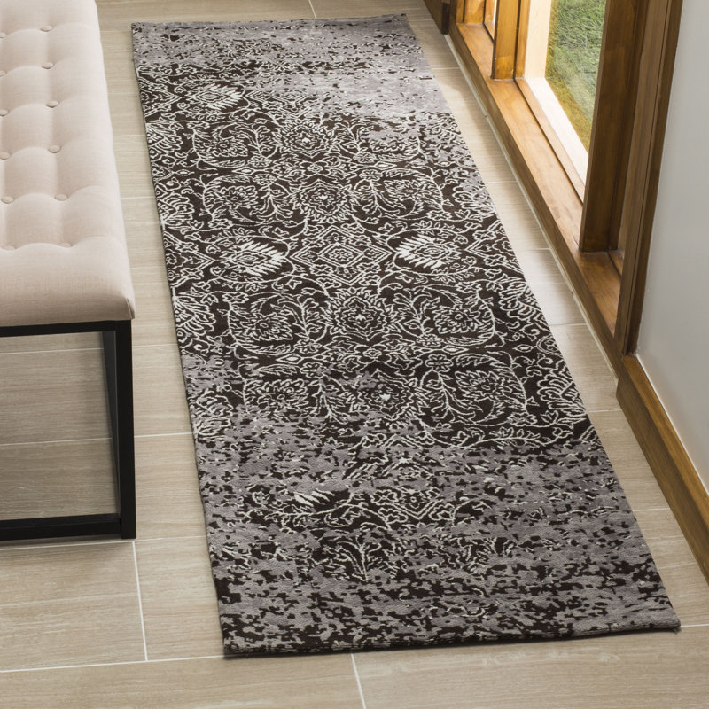 Tapis abstrait argent / brun, Tapis de couloir 2 pi 3 po x 8 pi