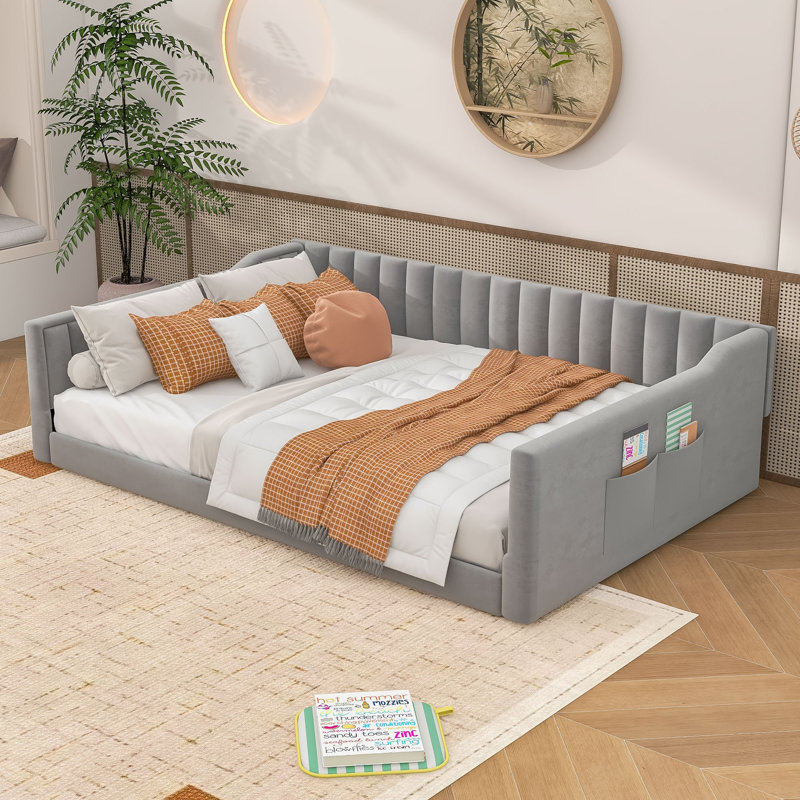 Upholstery Daybed with Storage pocket, Grey, Full Extra-Long