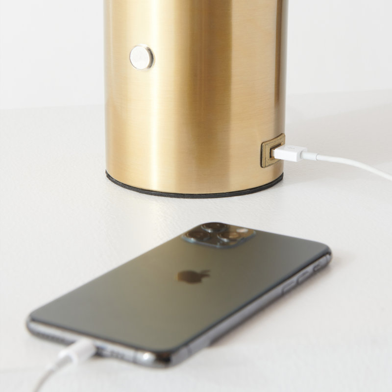 Kai 11" Modern LED Table Lamp with Gold Finish, Frosted Globe Shade, Built-In Dimmer and USB Port, Bulb Included, Gold