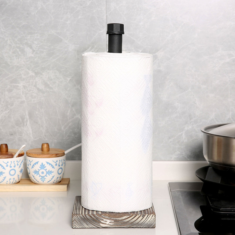 Metal and Wood Freestanding Paper Towel Holder, Brown