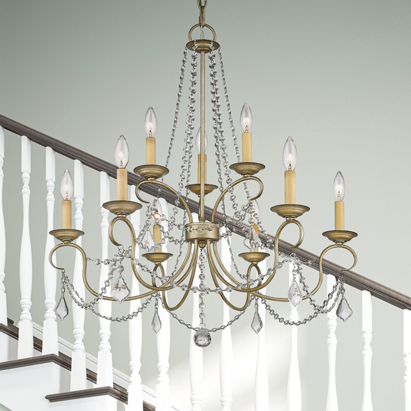 Lustre empire 9 lumières de style bougie Fabio, Feuille d’argent antique