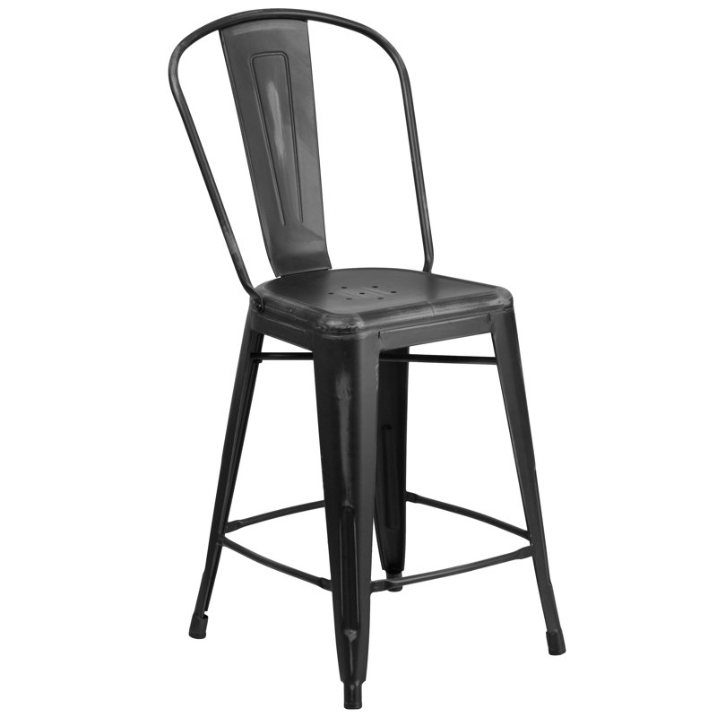 Commercial Grade Metal Indoor-Outdoor Barstool with Back, Distressed Black, 2, 71cm