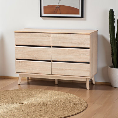 Commode 6 tiroirs au fini brun chêne de Bertran, style Mid-Century moderne, H 33,15 po x l 47,05 po x P 16,50 po