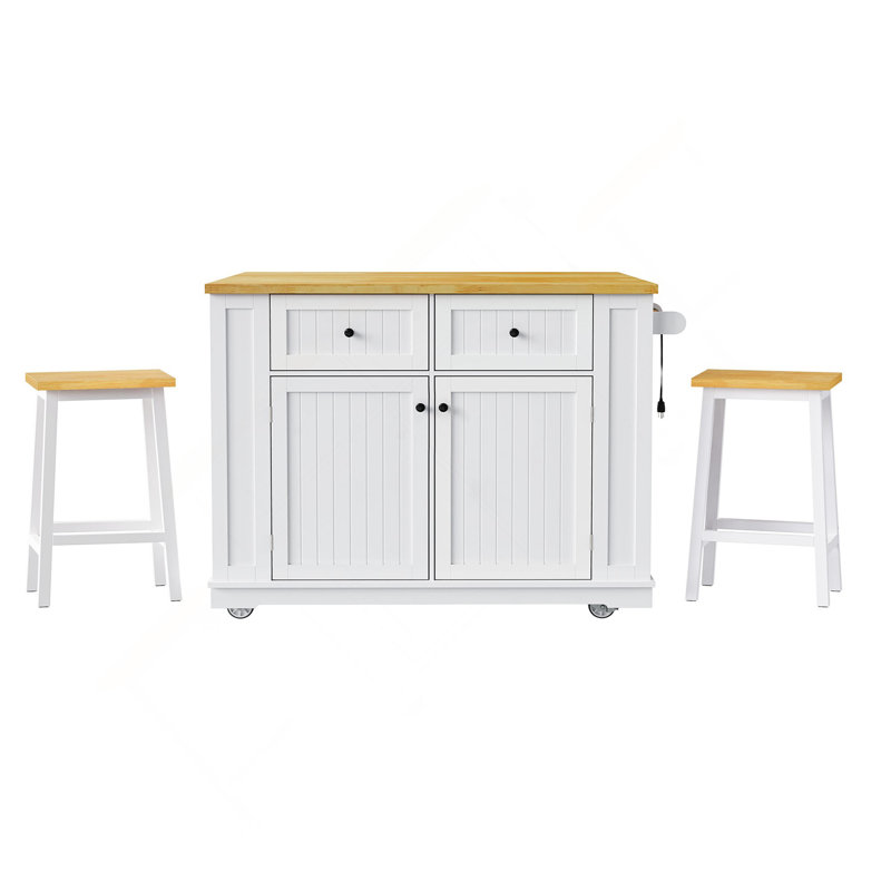 48Inch Large Kitchen Island With 2 Bar Stools, Power Outlet, Door Internal Storage Rack, Kitchen Storage Cart On 5 Wheels With Drop Leaf, 5 Open Side Racks, 2 Drawers,For Kitchen,Dining Room