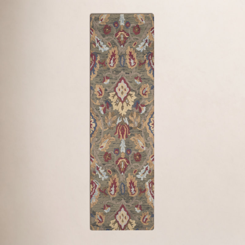Tansy Handmade Wool Green / Multi Rug, Runner 2'3" x 8'