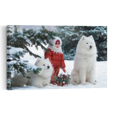 Enfant d'hiver et Samoyèdes - Illustration contemporaine abstraite d'un sapin de Noël avec un chien et la nature en hiver