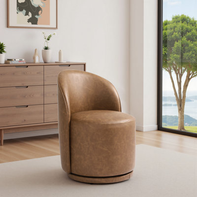 Upholstered Modern Brown Faux Leather Barrel Swivel Side Dining Chair