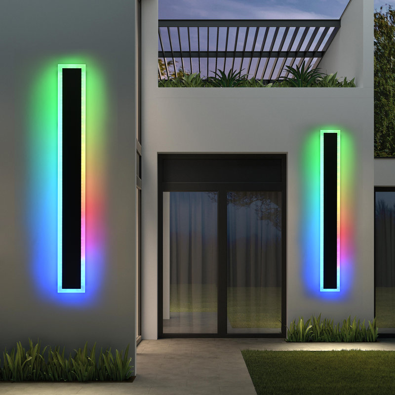 2 Pack 48In Long Outdoor LED Wall Lights IP65 Waterproof Modern RGB Exterior Wall Light Fixture Black For Courtyard Garage Patio Porch, Remote Control Included. Integrated LED Bulbs Included.