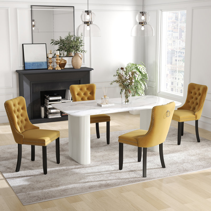 Ensemble de salle à manger rectangulaire à double piédestal avec table de salle à manger de style crème, 5, Jaune