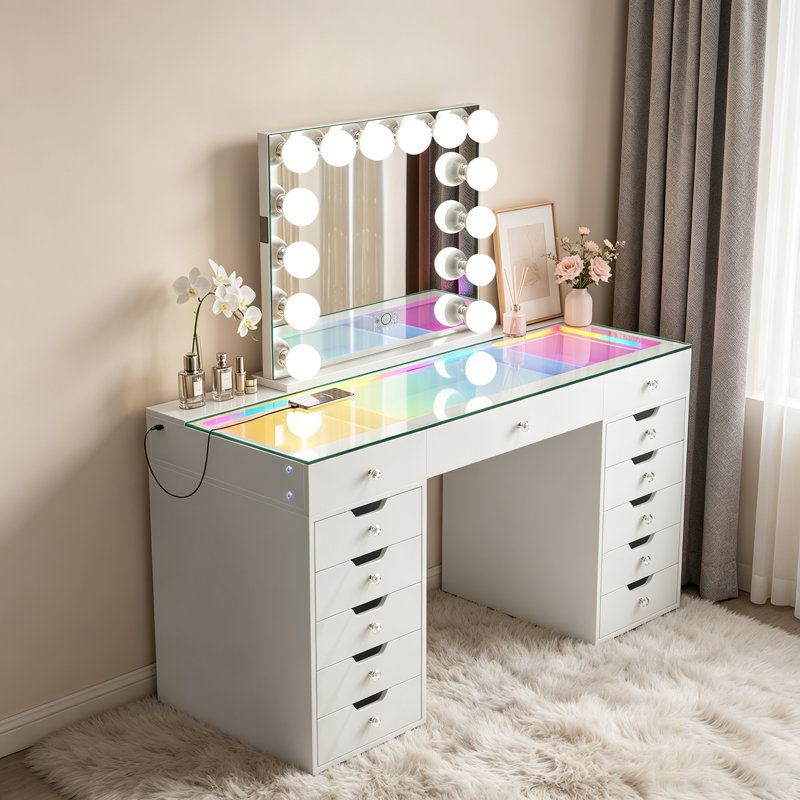 Ensemble de coiffeuse avec miroir lumineux et plateau en verre HD avec bandes lumineuses RVB intégrées 13 grands tiroirs