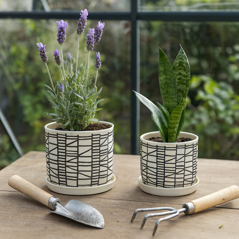 Decorative Ceramic Planter with Saucer for Indoor and Outdoor Spaces - Flower Pots for Home, Living Room, or Patio Decor - Set of 2, 8", 6"
