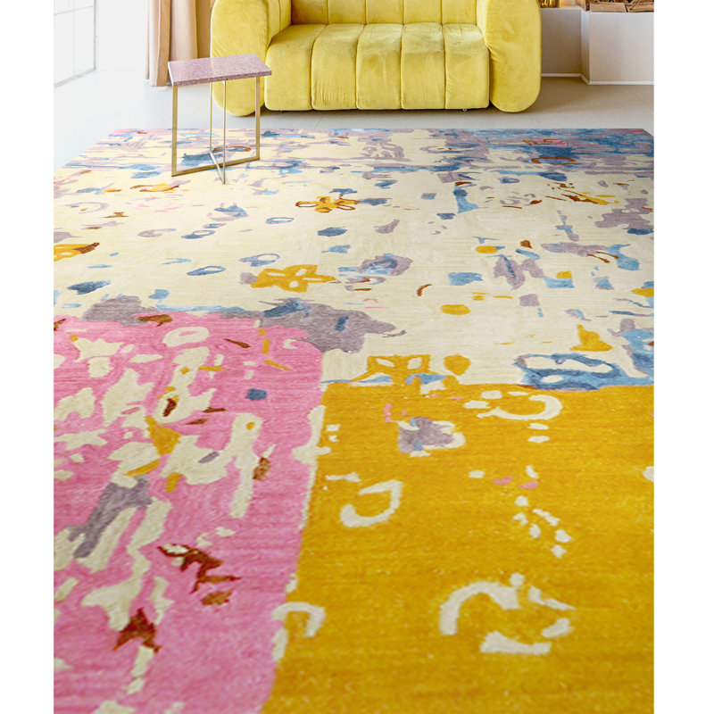 Abstract Area Rug in Pink/White/Purple/Yellow, Rectangle 5' x 8'