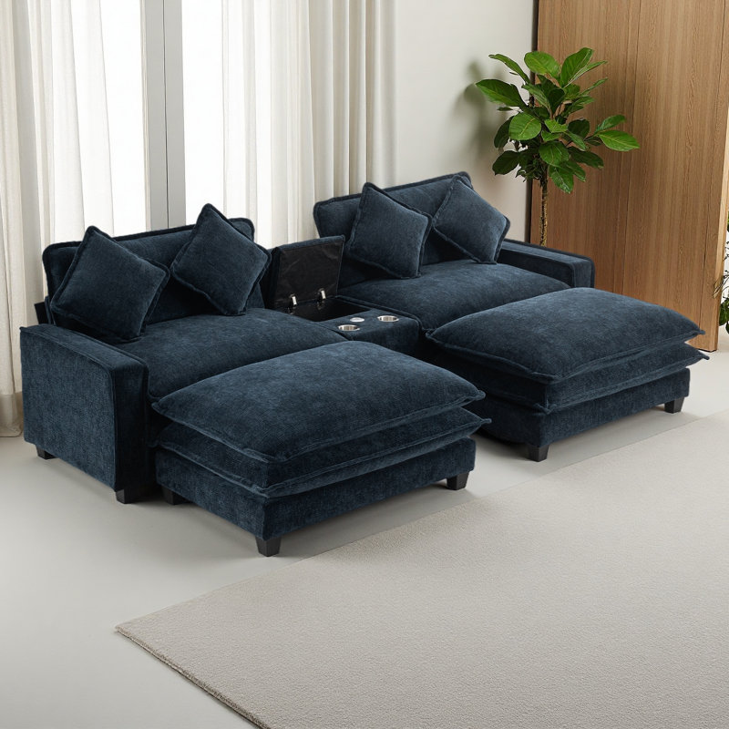 111" Sectional Sofa Chenille Upholstered Sofa With Two Removable Ottoman, Two USB Ports, Two Cup Holders And Large Storage Box For Living Room