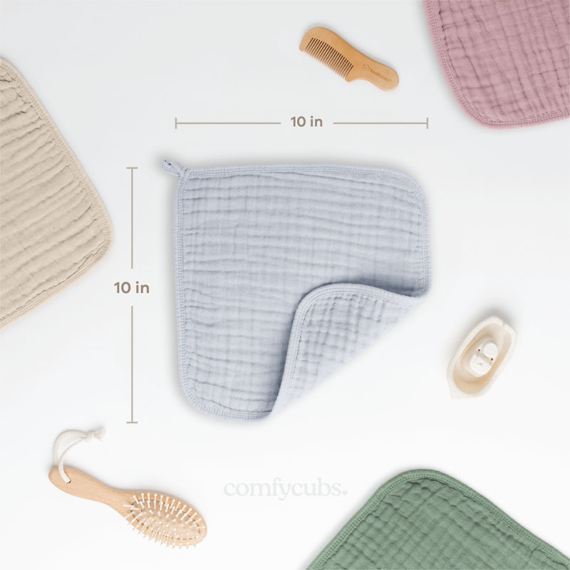Comfy Cubs Muslin Baby Washcloths - Soft 6-Layer Cotton Wash Cloths for Sensitive Skin - 10"x10" Large, Gentle, Absorbent Infant Essentials