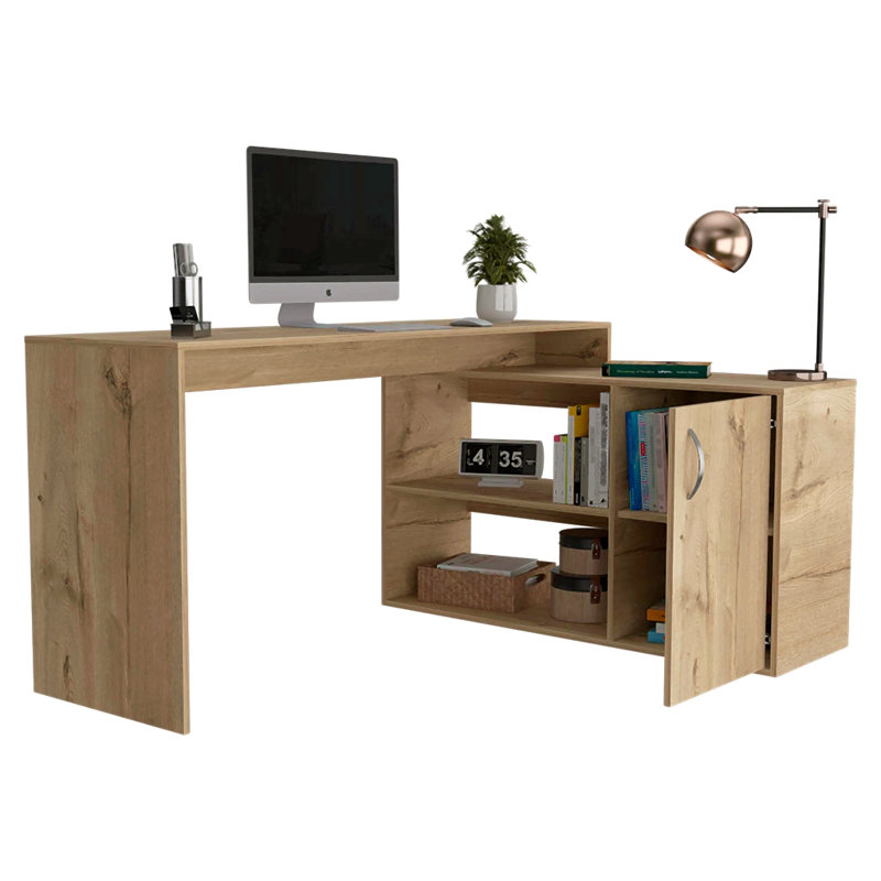 Bureau d'ordinateur moderne en L avec rangement ouvert et fermé, Beige