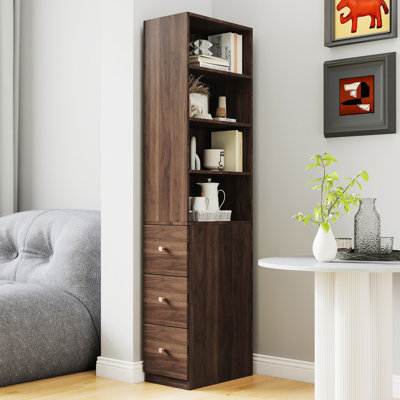 Armoire de rangement moderne en bois de 72,49 po de hauteur avec 3 tiroirs latéraux et 4 tablettes pour l'espace de cuisine, 11,49 po de largeur, garde-manger à 4 tiroirs en panneau de particules, finition noyer, profondeur 19,53 po