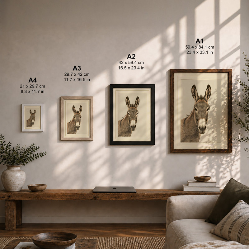 Attentive Donkey Realism - Framed Print, A4 - 29.7 x 21.0 cm, Oak