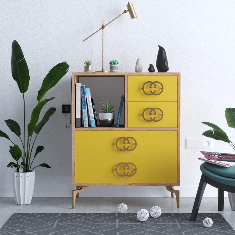 4 - Drawer Accent Chest, Gold/Oak/Concrete