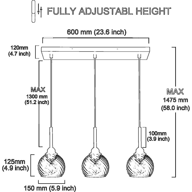 Luminaire suspendu linéaire à 3 lumières pour îlot avec globe en verre à rayures bleues, lustre noir de style campagnard pour cuisine, salle à manger, bar, salon, hauteur de suspension réglable, base standard E26