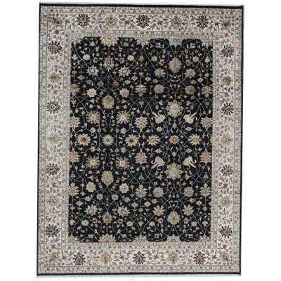 Tapis noir et beige noué à la main de haute qualité