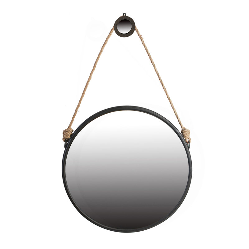 Miroir rond suspendu tendance de 29,5 po avec cadre noir et sangle de corde, décor industriel contemporain pour salle de bain, chambre à coucher ou espace de vie
