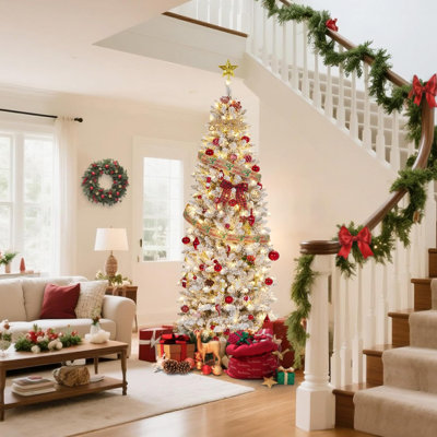 6FT Pre-Lit Frosted Christmas Tree, Slim Artificial Xmas Tree with LED Lights & Metal Base