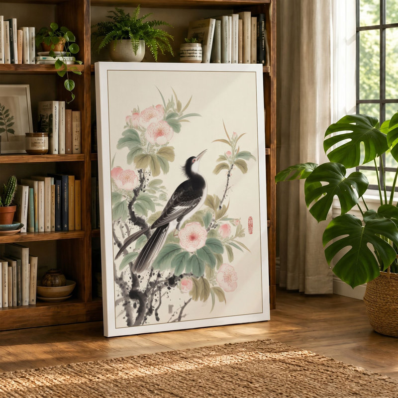 Bird Among Blossoms Japandi - Wrapped Canvas, 24x16 - 61.0 x 40.6 cm, Black Border