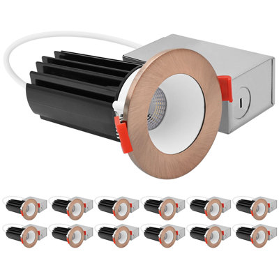 Ensemble de 2 po LUXRITE Éclairage encastré à DEL, lumière Canless à régression profonde, garniture ronde blanche et cuivre interchangeable, 5 TCC, 1000 lm, 15 W, CRI80, paquet de 12 à intensité variable