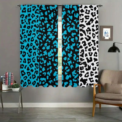 2Pcs Leopard Print Curtains, Turquoise and White Patterned Animal Window Drapes for Living Room Bedroom Kitchen, Rod Pocket Decor