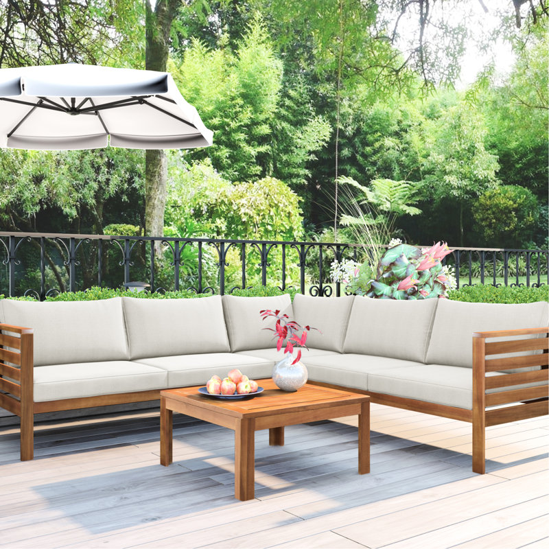 Ensemble de sièges de style japonais en bois avec coussins beiges résistants à l'eau pour terrasse