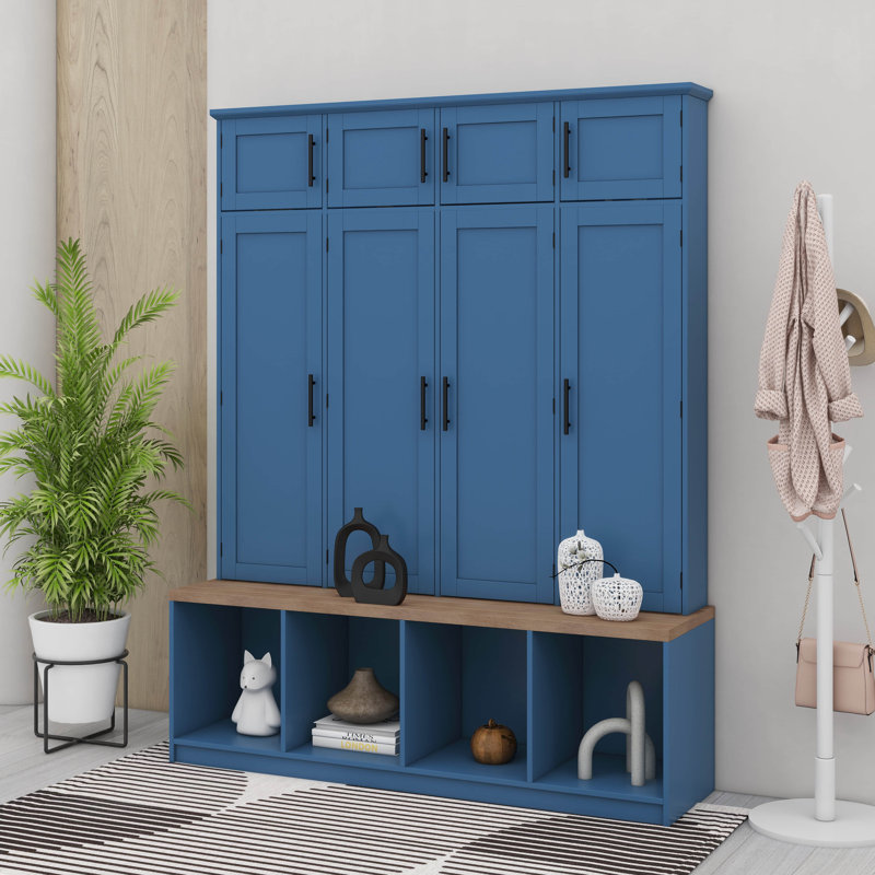 Farmhouse Hall Tree With 4 Hanging Hooks,Mudroom Wood Grain Bench With Open Compartments, Blue