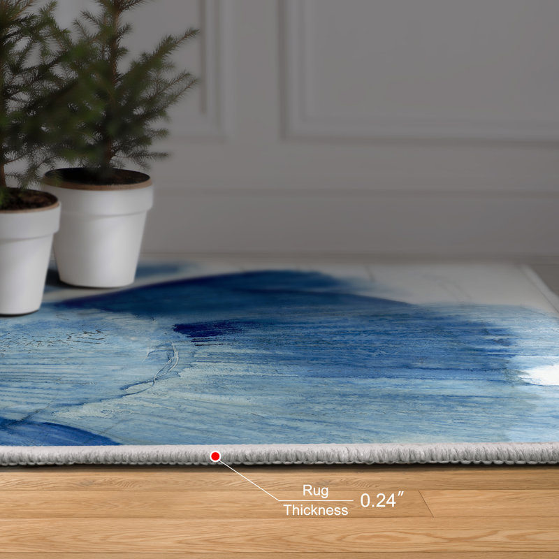 Inky Flower II Washable Blue Art Area Rug size 8'x10', Heavenly Softness with Non-Slipping Backing