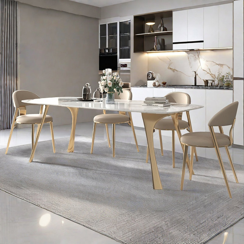Luxury Rectangular Sintered Stone Dining Table Set, 29.52"H x 55.11"L x 31.49"W